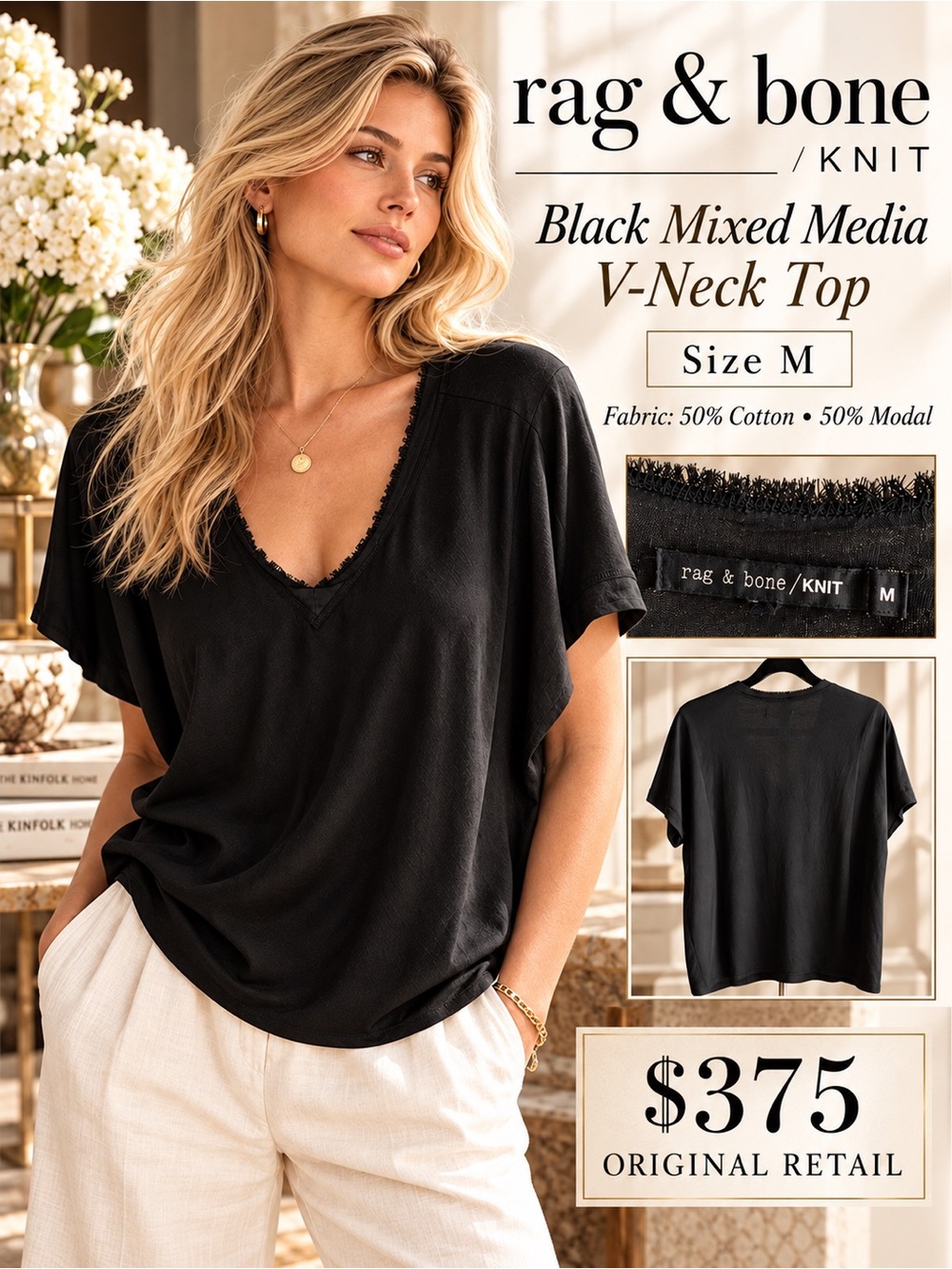 rag & bone Black Mixed Media V-Neck Top in Black Medium